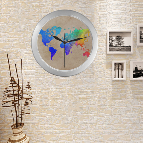 world map Silver Color Wall Clock