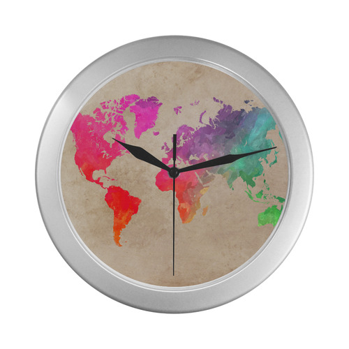 world map Silver Color Wall Clock