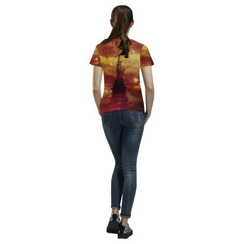 Lady Liberty Yellow Red Stars All Over Print T-Shirt for Women (USA Size) (Model T40)