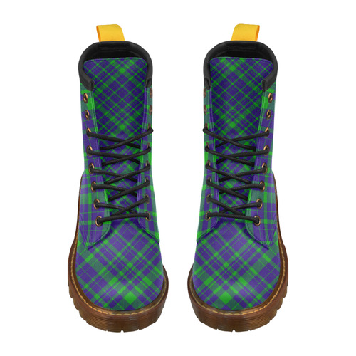 Diagonal Green & Purple Plaid Hipster Style High Grade PU Leather Martin Boots For Women Model 402H