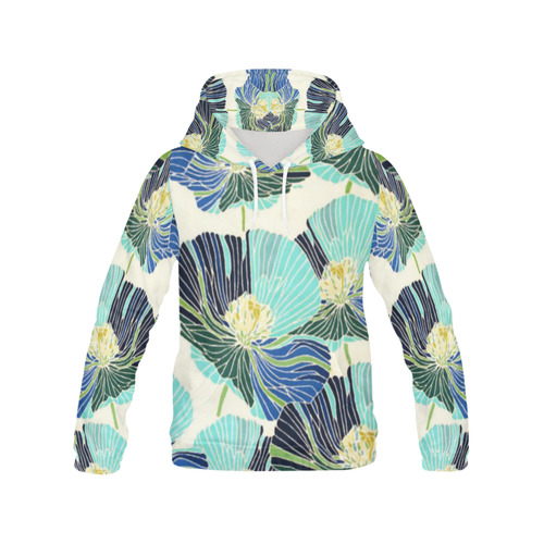 Art Deco Blue Floral All Over Print Hoodie for Women (USA Size) (Model H13)