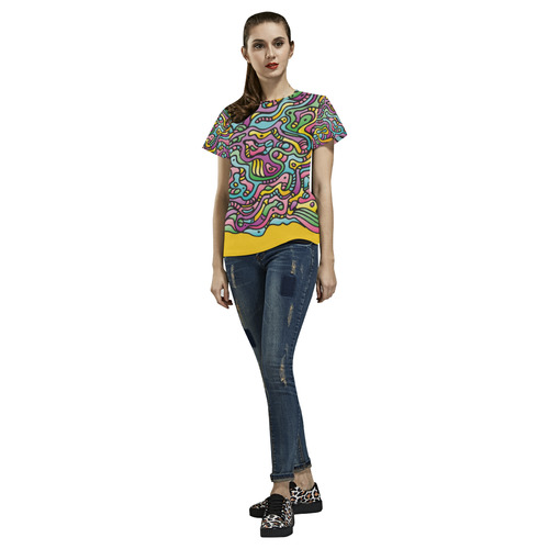 Colorful Tidal Pool, abstract animals, yellow All Over Print T-Shirt for Women (USA Size) (Model T40)