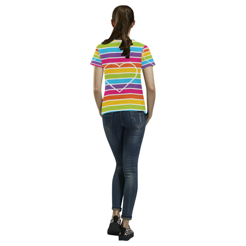 striped love rainbow heart All Over Print T-Shirt for Women (USA Size) (Model T40)