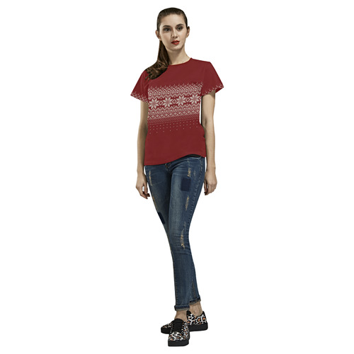 Nordic sweater pattern deep red All Over Print T-Shirt for Women (USA Size) (Model T40)
