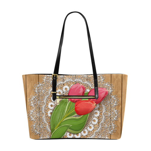 Red Tulips Lace Floral Euramerican Tote Bag/Large (Model 1656)