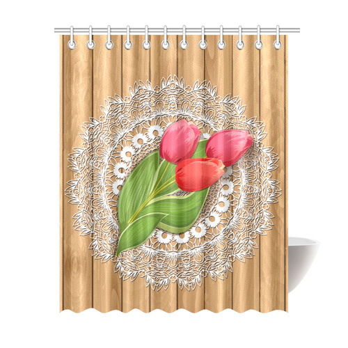 Red Tulips Lace Floral Shower Curtain 69"x84"