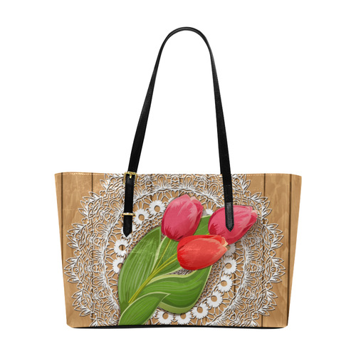 Red Tulips Lace Floral Euramerican Tote Bag/Large (Model 1656)