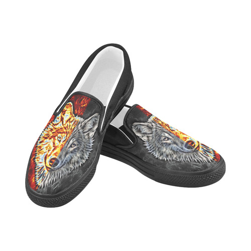 A Graceful WOLF Looks Into Your Eyes Two-colored Women's Slip-on Canvas Shoes (Model 019)