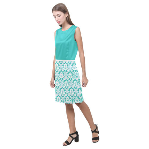 damask pattern turquoise and white Eos Women's Sleeveless Dress (Model D01)