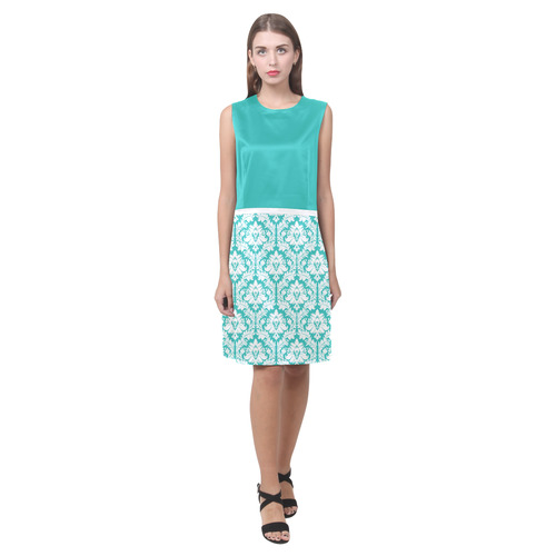 damask pattern turquoise and white Eos Women's Sleeveless Dress (Model D01)