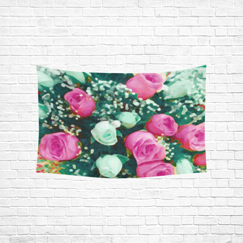 Pink White Roses Watercolor Floral Cotton Linen Wall Tapestry 60"x 40"