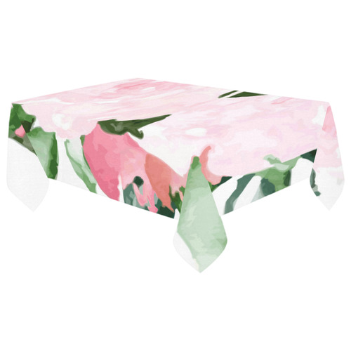 Beautiful Pink Watercolor Floral Cotton Linen Tablecloth 60"x 104"