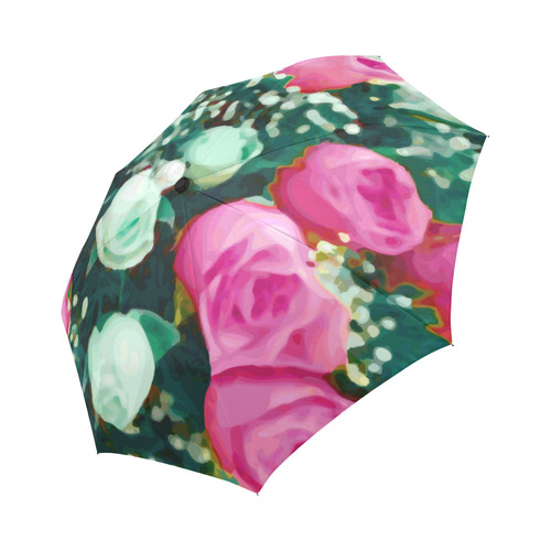 Pink White Roses Watercolor Floral Auto-Foldable Umbrella (Model U04)