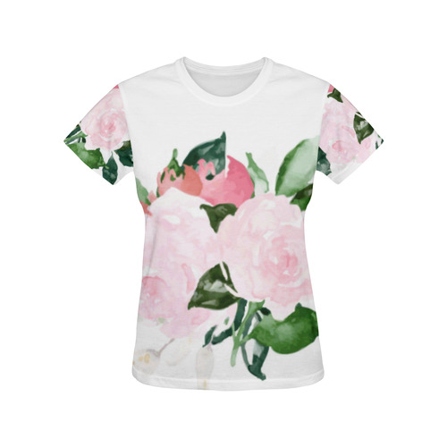 Beautiful Pink Watercolor Floral All Over Print T-Shirt for Women (USA Size) (Model T40)