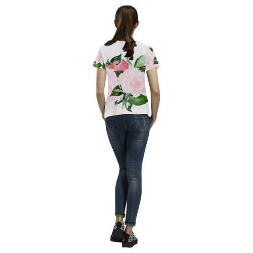 Beautiful Pink Watercolor Floral All Over Print T-Shirt for Women (USA Size) (Model T40)