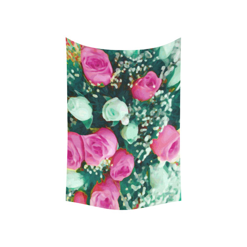 Pink White Roses Watercolor Floral Cotton Linen Wall Tapestry 60"x 40"