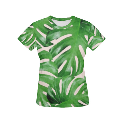 Tropical Leaf Watercolor Floral All Over Print T-Shirt for Women (USA Size) (Model T40)