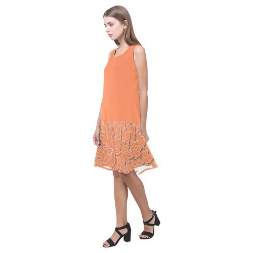 floating leaf pattern orange white Sleeveless Splicing Shift Dress(Model D17)