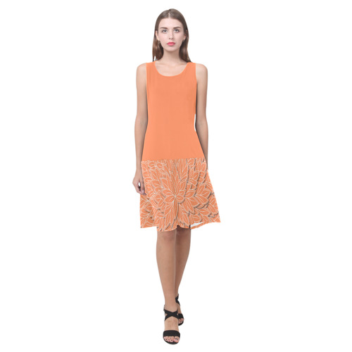 floating leaf pattern orange white Sleeveless Splicing Shift Dress(Model D17)