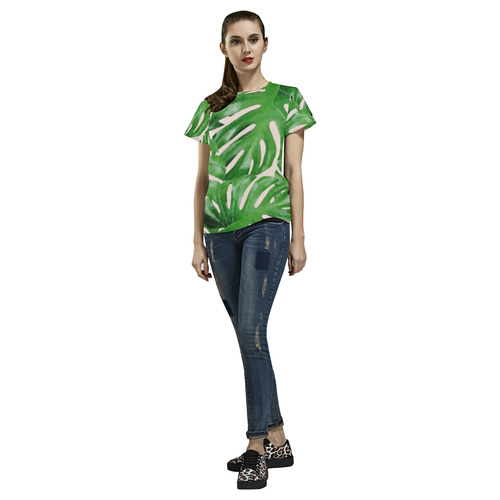 Tropical Leaf Watercolor Floral All Over Print T-Shirt for Women (USA Size) (Model T40)