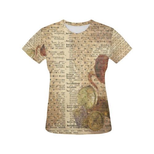 Brown Book Ephemera All Over Print T-Shirt for Women (USA Size) (Model T40)