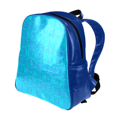 Blue and Turquoise Abstract Damask Pattern Multi-Pockets Backpack (Model 1636)