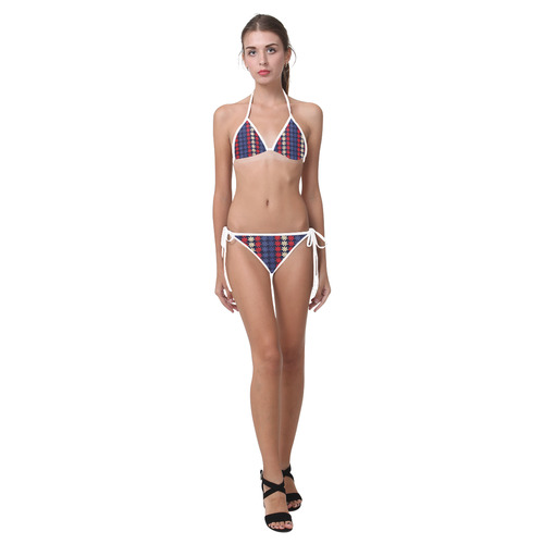 Blue With Red Floral Geometric Tile Custom Bikini Swimsuit (Model S01)