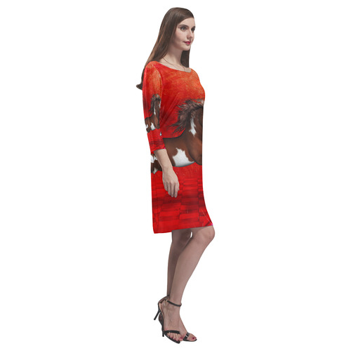 Wild horse on red background Rhea Loose Round Neck Dress(Model D22)