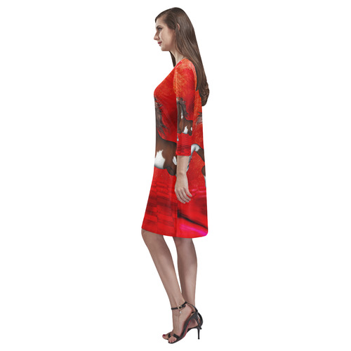 Wild horse on red background Rhea Loose Round Neck Dress(Model D22)