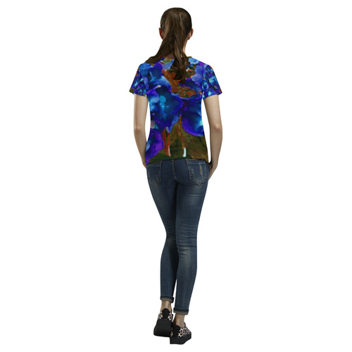 Blue Hydrangea Watercolor Floral All Over Print T-Shirt for Women (USA Size) (Model T40)