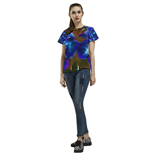 Blue Hydrangea Watercolor Floral All Over Print T-Shirt for Women (USA Size) (Model T40)