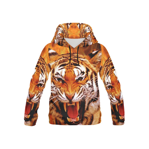 Tiger and Flame All Over Print Hoodie for Kid (USA Size) (Model H13)