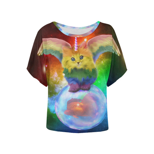 Fantasy Rainbow Mewnicorn Unicorn Kitten Space Bubble Goldfish Bubble Whimsical Art Women's Batwing-Sleeved Blouse T shirt (Model T44)