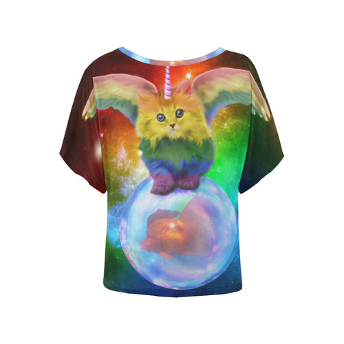 Fantasy Rainbow Mewnicorn Unicorn Kitten Space Bubble Goldfish Bubble Whimsical Art Women's Batwing-Sleeved Blouse T shirt (Model T44)