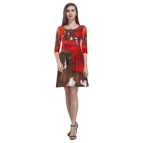 Wild horse on red background Tethys Half-Sleeve Skater Dress(Model D20)