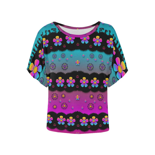 Rainbow  big flowers in peace for love and freedom Women's Batwing-Sleeved Blouse T shirt (Model T44)