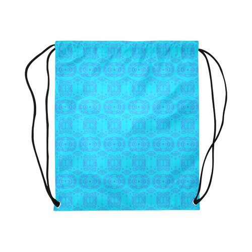 Blue and Turquoise Abstract Damask Pattern Large Drawstring Bag Model 1604 (Twin Sides)  16.5"(W) * 19.3"(H)