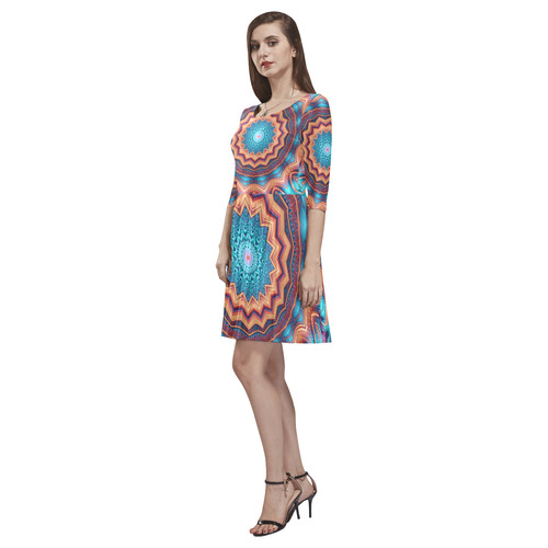 Blue Feather Mandala Tethys Half-Sleeve Skater Dress(Model D20)