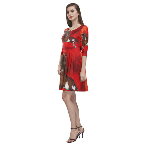 Wild horse on red background Tethys Half-Sleeve Skater Dress(Model D20)