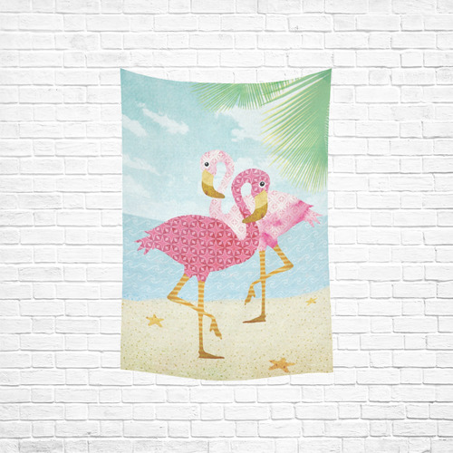 Pink Flamingos On The Beach Cotton Linen Wall Tapestry 40"x 60"