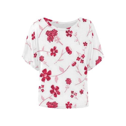 sweet shiny floral red Women's Batwing-Sleeved Blouse T shirt (Model T44)