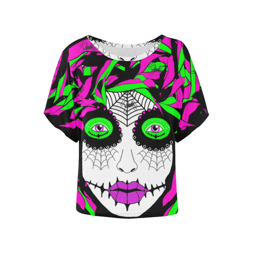 Spider lady sugar skull Women's Batwing-Sleeved Blouse T shirt (Model T44)