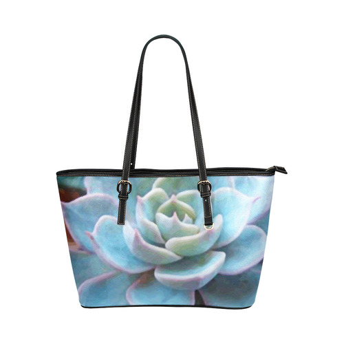 Watercolor Peacock Succulent Leather Tote Bag/Small (Model 1651)