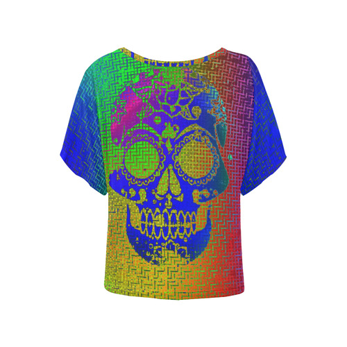 neon Electric Skull C by JamColors Women's Batwing-Sleeved Blouse T shirt (Model T44)
