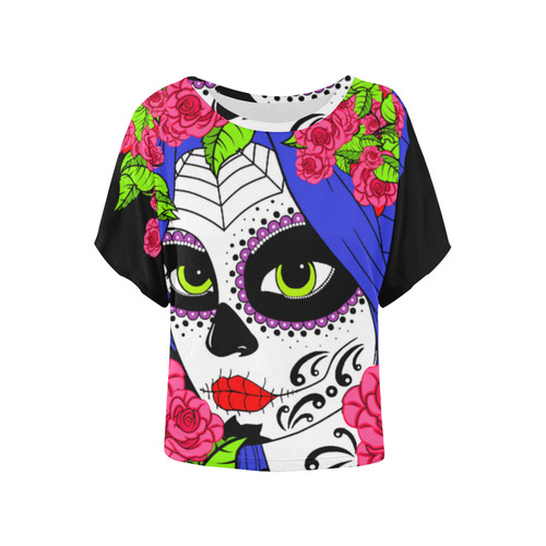 sugarskull pink roses Women's Batwing-Sleeved Blouse T shirt (Model T44)