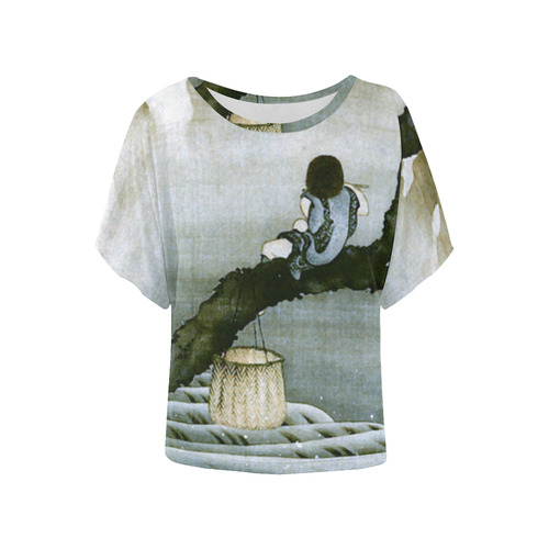 Hokusai Boy Mt Fuji Vintage Japanese Women's Batwing-Sleeved Blouse T shirt (Model T44)