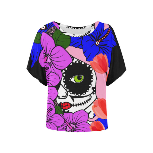 sugarskull peek a boo 2 Women's Batwing-Sleeved Blouse T shirt (Model T44)