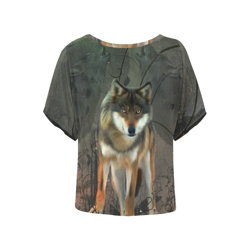 Amazing wolf in the night Women's Batwing-Sleeved Blouse T shirt (Model T44)
