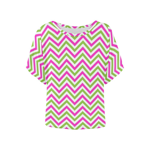 Pink Green White Chevron Women's Batwing-Sleeved Blouse T shirt (Model T44)