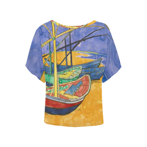 Van Gogh Fishing Boats Beach Watercolor Women's Batwing-Sleeved Blouse T shirt (Model T44)